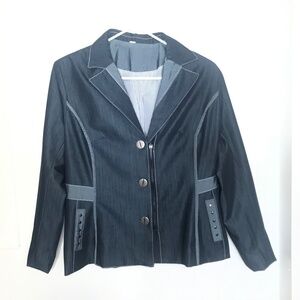 Women’s Denim Look Button Front Blazer Jacket – Contrast Stitching